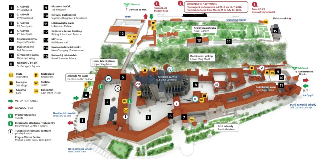 捷克【布拉格城堡區Prague Castle】Hradčany|聖維特主教座堂St. Vitus Cathedral—舊皇宮Old Royal Palace—聖喬治大殿 St. George’s Basilica—黃金巷Golden Lane—黑塔瞭望台Black tower|Prague Castle 1-Day Trip 16 Multilingual Map of Prague Castle and toilet