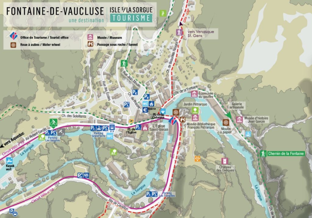 南法天然岩溶泉【碧泉村Fontaine de Vaucluse】索格河、沃克呂茲城堡 4 Fontaine de Vaucluse map